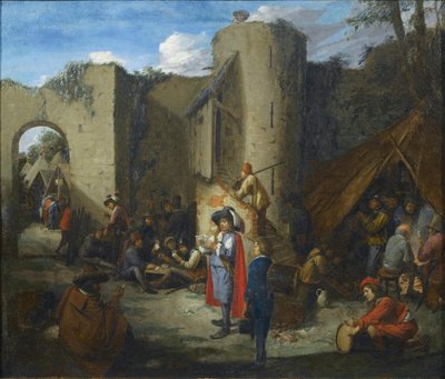 城壁に囲まれた軍営で手紙を読む将校。 作： Joos van Craesbeeck