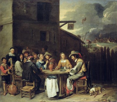 1640-50年、居酒屋の前を駆け巡る仲間たち 作： Joos van Craesbeeck