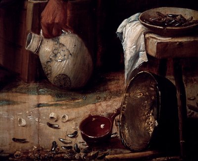 ムール貝の春と昼食、ディテール(パネルに油彩) 作： Joos van Craesbeeck