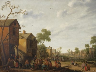 宿屋の外で飲み食いする農民と、その左にいる物乞いのいる村の風景 作： Joost Cornelisz Droochsloot