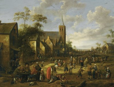手前にテーブルで飲み食いする農民たち、その向こうに教会の塔。 作： Joost Cornelisz Droochsloot