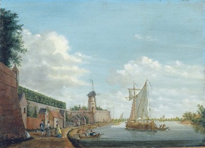 城壁のそばを散歩するエレガントな町民のいる川の風景、1776年頃 作： Jordanus Hoorn