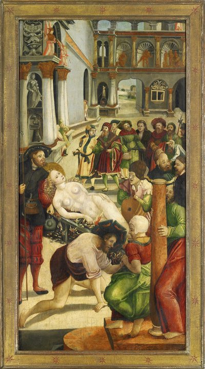 Sainte Agathe sur le bucher - The Burning. Wing from the Saint Agatha Altar - Greimold, Joerg (Jorg) (ca 1500-after 1540) - 1523 - Oil on wood - 109x57 - Stadtmuseum Weilheim   1449193   ja       japanese Successfully Translated  Original: San Benedetto Lo 作： Jörg Greimold