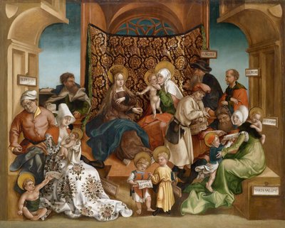 聖なる親（マリアの家族全員）」-「聖なる親族」-若き日のヨルグ（ヨルグ）・ブリュ（1510-1547）の絵画-木に油彩-106x132,5-個人蔵 作： Jorg II Breu