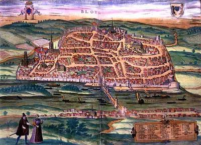 ゲオルク・ブラウン（1541-1622）とフランツ・ホーゲンベルグ（1535-90）による「Civitates Orbis Terrarum」からブロワの地図、1572年頃（カラー彫刻）。 作： Joris (after) Hoefnagel