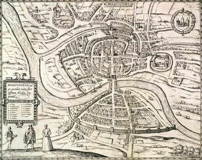 Georg Braun（1541-1622）とFrans Hogenberg（1535-90）による「Civitates Orbis Terrarum」からのブリストルの地図（1581年、彫刻 作： Joris (after) Hoefnagel