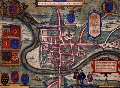 ゲオルク・ブラウン（1541-1622）とフランツ・ホーゲンベルグ（1535-90）による「Civitates Orbis Terrarum」からチェスターの地図（1572-1617年頃）（彩色済み彫刻 作： Joris (after) Hoefnagel