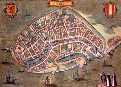 ゲオルク・ブラウン（1541-1622）とフランツ・ホーゲンブルク（1535-90）による「Civitates Orbis Terrarum」からのドルドレヒトの地図、1572年頃（彩色済みエングレービング） 作： Joris (after) Hoefnagel