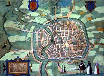 ゲオルク・ブラウン（1541-1622）とフランツ・ホーゲンブルク（1535-90）による「Civitates Orbis Terrarum」からハーレムの地図、1572年頃（彩色済み彫刻）。 作： Joris (after) Hoefnagel