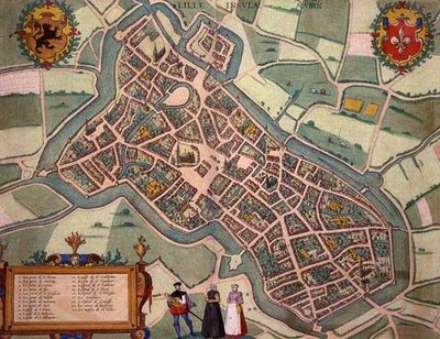 ゲオルク・ブラウン（1541-1622）とフランツ・ホーゲンベルグ（1535-90）による「Civitates Orbis Terrarum」からのリールの地図（1572-1617年頃）（彩色済みの彫刻）。 作： Joris (after) Hoefnagel