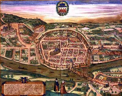 Georg Braun（1541-1622）とFrans Hogenberg（1535-90）による「Civitates Orbis Terrarum」からのサンテの地図。 作： Joris (after) Hoefnagel