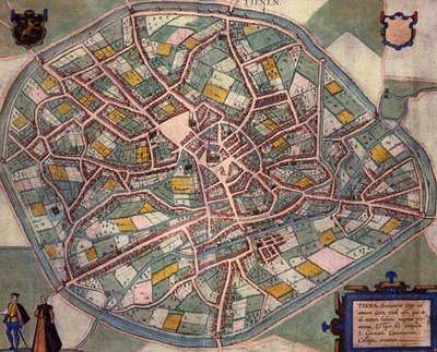 ゲオルク・ブラウン（1541-1622）とフランツ・ホーゲンベルグ（1535-90）による「Civitates Orbis Terrarum」からのティエンエンの地図（1572-1617年頃）（彩色済みエングレービング 作： Joris (after) Hoefnagel
