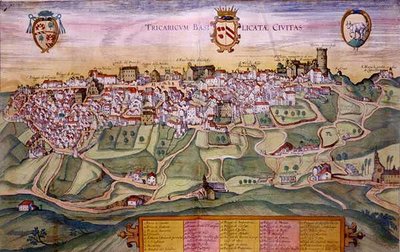 ゲオルク・ブラウン（1541-1622）とフランツ・ホーゲンベルグ（1535-90）による「世界の都市」（1572-1617年頃）からのトリカリコの地図（彩色彫刻 作： Joris (after) Hoefnagel