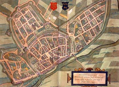 ゲオルク・ブラウン（1541-1622）とフランツ・ホーゲンベルグ（1535-90）による「Civitates Orbis Terrarum」からのヴェーゼルの地図（1572-1617年頃）（彩色済み彫刻 作： Joris (after) Hoefnagel