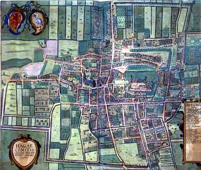 ゲオルク・ブラウン（1541-1622）とフランツ・ホーゲンブルク（1535-90）による「Civitates Orbis Terrarum」からハーグの地図、1572年頃（彩色済み彫刻）。 作： Joris (after) Hoefnagel