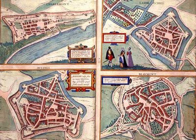 ゲオルク・ブラウン（1541-1622）とフランツ・ホーゲンベルグ（1535-90）による「Civitates Orbis Terrarum」からシャルルモン、ランドレキエス、アヴェネス、ボーモンの地図（1572-1617年頃）（彩色済み彫刻 作： Joris (after) Hoefnagel