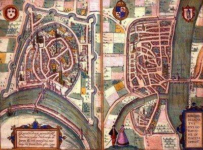 ジョージ・ブラウン（1541-1622）とフランツ・ホーゲンベルグ（1535-90）による「Civitates Orbis Terrarum」からのグルノーブルとロマンス＝シュル＝イゼールの地図（1572-1617年頃）（彩色済みエングレービング 作： Joris (after) Hoefnagel
