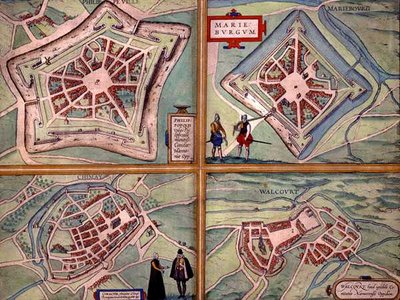 ゲオルク・ブラウン（1541-1622）とフランツ・ホーゲンベルグ（1535-90）による「Civitates Orbis Terrarum」からのフィリッペヴィル、マリエンブール、シメイ、ウォルクールの地図（1572-1617年頃）（彩色済みエングレーヴィング 作： Joris (after) Hoefnagel