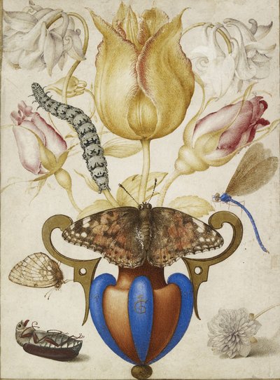 花瓶のフラワーアレンジメント、昆虫付き、1594年（ベラムに金を施した水彩画） 作： Joris Hoefnagel