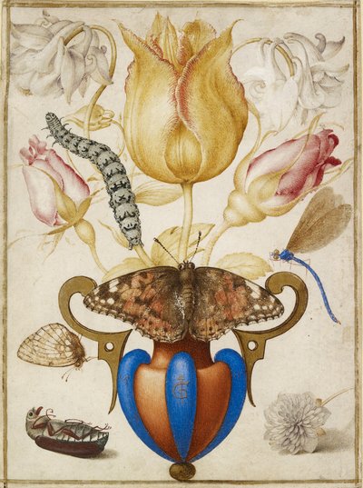 花瓶の中の花のアレンジメント、昆虫付き 1594年 作： Joris Hoefnagel