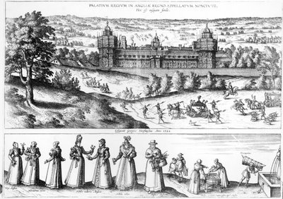 ノーザス宮殿に女王エリザベス1世が到着、チューダー社会の男女、1582年 作： Joris Hoefnagel