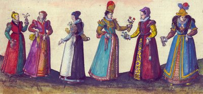 エリザベス朝時代のイギリスの女性、1598年（手彩色の銅版画） 作： Joris Hoefnagel