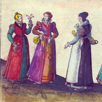 エリザベス朝時代のイギリスの女性、1598年（手彩色の銅版画） 作： Joris Hoefnagel