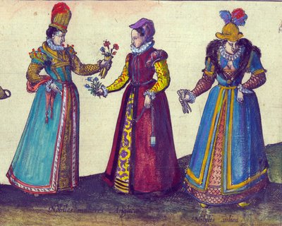 エリザベス朝時代のイギリスの女性、1598の324184の手彩色の銅版画の詳細 作： Joris Hoefnagel