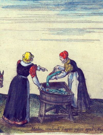 パイクの販売と掘り出しをする魚の妻、15184手塗りの銅彫刻細部324184 作： Joris Hoefnagel