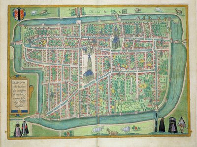 ブラウン（1541-1622）とフランツ・ホーゲンバーグ（1535-90）による「世界」からのデルフトの地図c.1572-1617 作： Joris Hoefnagel
