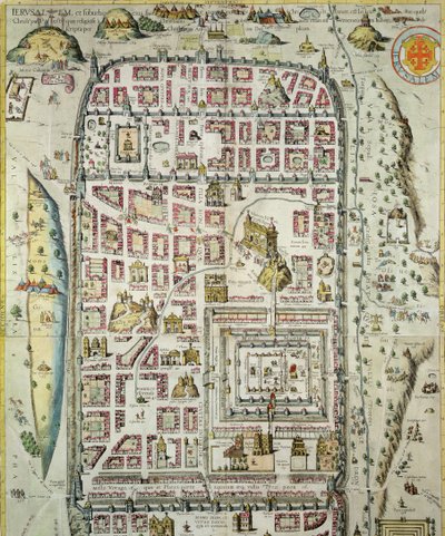 エルサレムとその周辺地域の地図。GeorgBraun（1541-1622）およびFrans Hogenberg（1535-90）c.1572-1617（138906を参照）による「Civitates Orbis Terrarum」より 作： Joris Hoefnagel
