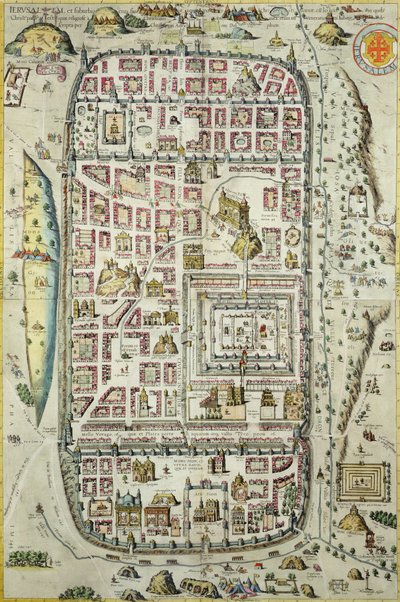 エルサレムとその周辺地域の地図。GeorgBraun（1541-1622）とFrans Hogenberg（1535-90）c.1572-1617（138905-96を参照）の「Civitates Orbis Terrarum」に基づいています。 作： Joris Hoefnagel