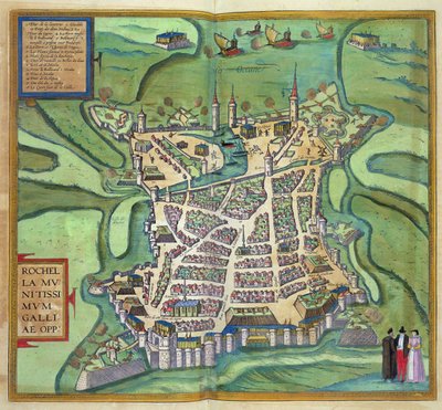 ラロシェルの地図、Georg Braun（1541-1622）による &39;Civitates Orbis Terrarum&39;およびFrans Hogenberg、c.1572（カラー彫刻）から 作： Joris Hoefnagel
