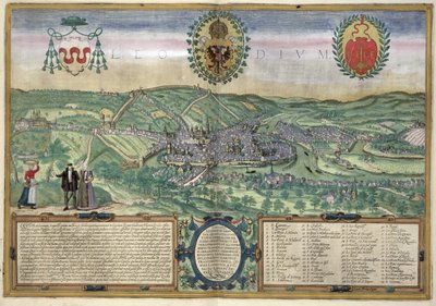 ブラウン（1541-1622）とフランスホーゲンベルク（1535-90）による「世界」からのリエージュの地図、1572年頃 作： Joris Hoefnagel
