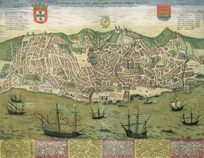リスボンの地図、ブラウン（1541-1622）とフランツ・ホーゲンバーグ（1535-90）による「世界」、1572年頃 作： Joris Hoefnagel