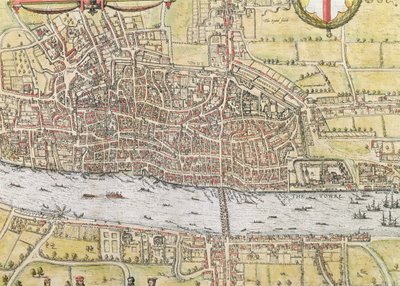 ブラウン（1542-1622）とフランスホーゲンベルク（1635-90）による「世界」からのロンドンの地図、1572年頃 作： Joris Hoefnagel