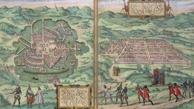 メキシコとクスコの地図、Georg Braun（1541-1622）とFrans Hogenberg（1535-90）による &39;Civitates Orbis Terrarum&39;から、c.1572 作： Joris Hoefnagel
