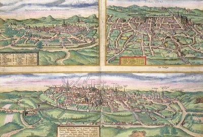 Georg Braun（1541-1622）とFrans Hogenberg（1535-90）による &39;Civitates Orbis Terrarum&39;からのモンペリエ、ツアー、ポワティエの地図、c.1572 作： Joris Hoefnagel