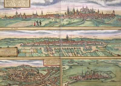ニュルンベルク、ウルム、サルツブルクの地図、Georg Braun（1541-1622）とFrans Hogenberg（1535-90）による &39;Civitates Orbis Terrarum&39;から、c.1572（カラー彫刻） 作： Joris Hoefnagel
