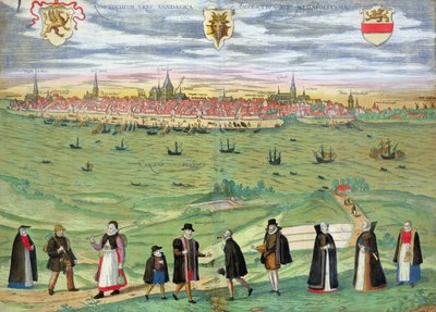 ブラウン（1541-1622）とフランツ・ホーゲンバーグ（1535-90）による「世界」からのロストックの地図c.1572-1617 作： Joris Hoefnagel