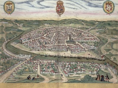 ブラウン（1541-1622）とフランツ・ホーゲンバーグ（1535-90）による「世界」からのセビリアの地図c.1572-1617 作： Joris Hoefnagel