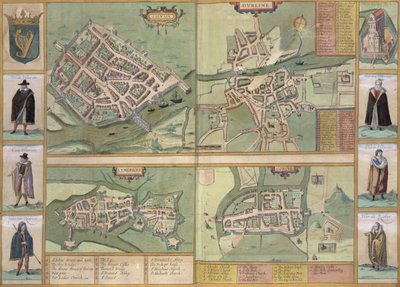 Georg Braun（1541-1622）とFrans Hogenberg（1535-90）による「Civitates Orbis Terrarum」のゴールウェイ、ダブリン、リムリック、コークの地図、1573年頃 作： Joris Hoefnagel