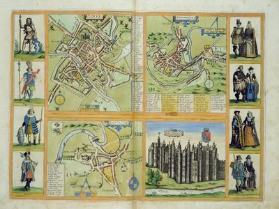 Georg Braun（1541-1622）とFrans Hogenberg（1535-90）c.1572-1617の「Civitates Orbis Terrarum」のヨーク、シュルーズベリー、ランカスター、リッチモンドの地図 作： Joris Hoefnagel