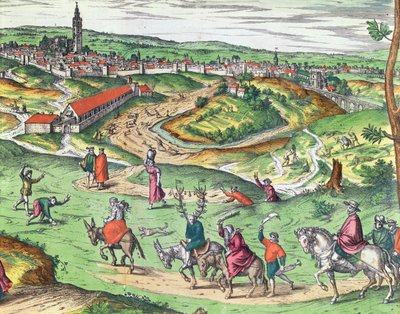 Gevit Braun 1541-1622とFrans Hogenberg 1535-90、121051の1593色の彫刻詳細によるCivitates Orbis Terrarumからのセビリアの町計画 作： Joris Hoefnagel