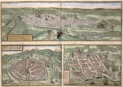 ブラウン（1541-1622）とフランツ・ホーゲンバーグ（1535-90）によるルーアン・ニームとボルドーの町計画、1572年頃 作： Joris Hoefnagel