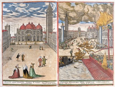 イタリア・ヴェネツィア：サン・マルコ教会と1577年のヴェネツィア総督府の火災（図面 作： Joris Hoefnagel