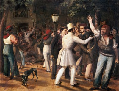 バルセロナのランブラス通りでの反乱 (1835 年 8 月 5 日の民衆の反乱) 作： José Arrau y Barba