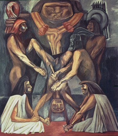 古代の人間の犠牲。 アメリカ文明叙事詩より 作： José Clemente Orozco
