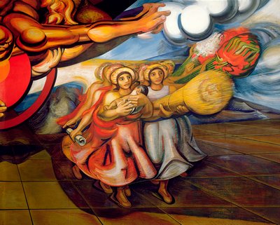「メキシコの人々は社会保障を求める」というサイクルから、子供たちと労働の成果物を持って行進するメキシコの女性 (フレスコ画) 作： José Clemente Orozco