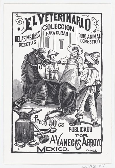 馬を囲んでいる一群の人々、「El Veterinario The Vete...」のイラスト、1880年から1910年頃。 作： José Guadalupe Posada
